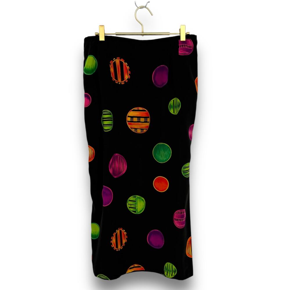 90s Vintage Abstract Circle Print Midi Skirt, Black Neon No Tag (Fits like M-L)